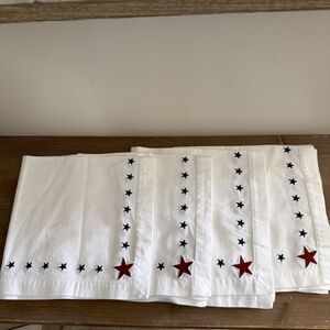 Set of 4 Pottery Barn Red White Navy Embroidered Star Cotton Napkins USA